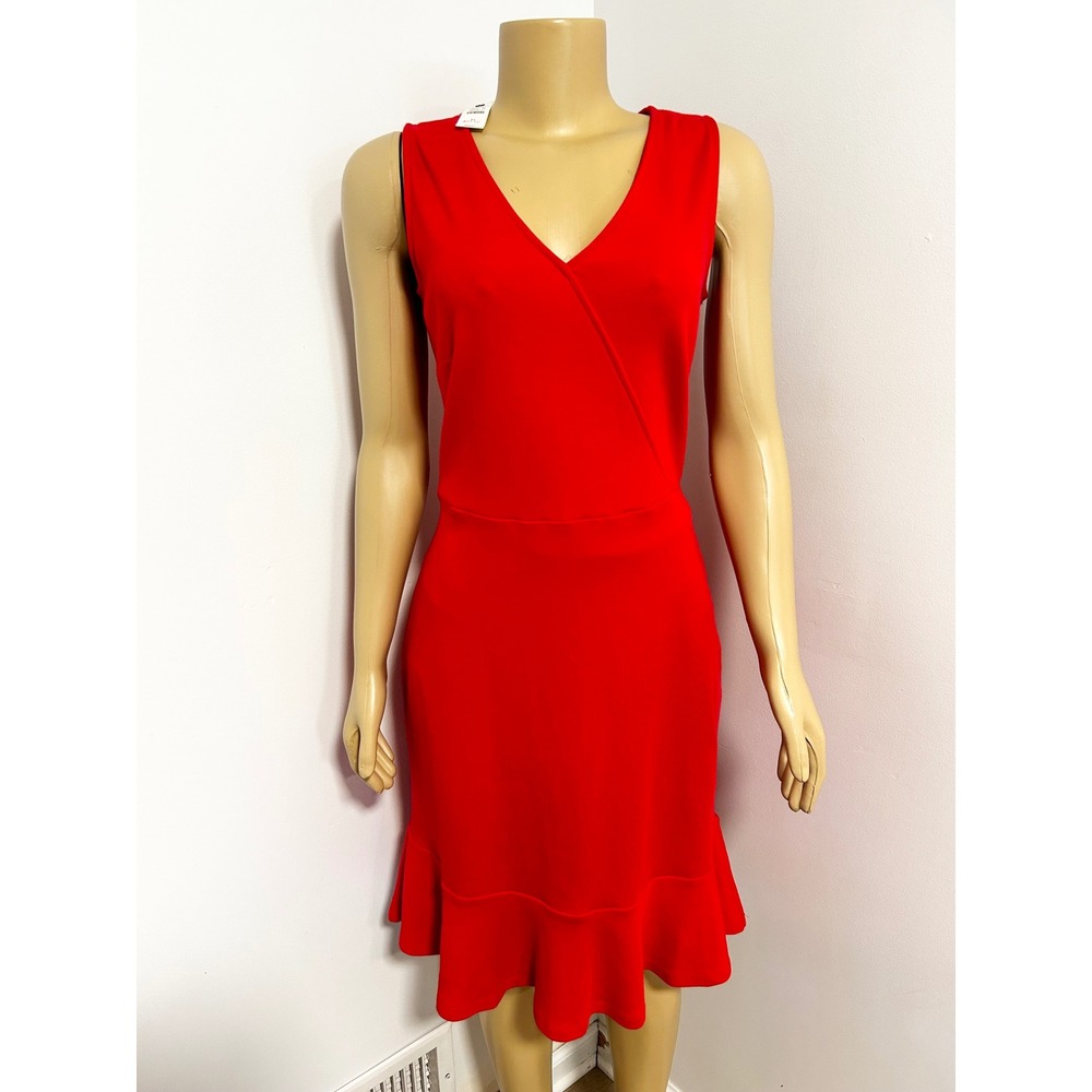 Talbots Womens Red 100% Cotton Faux Wrap Flounce Hem Sleeveless Dress Size M NEW